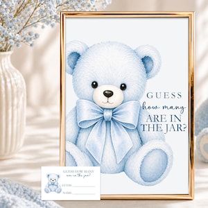Blue Teddy Baby Shower Guess How Many Are In The Jar Game, Printable Sign & Cards, Boy Baby Shower Game PDF, Teddy Bear Decor