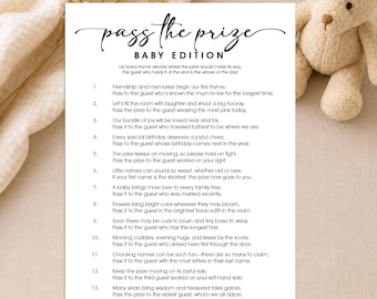 May include: A white rectangular game card titled Pass the Prize Baby Edition in black script and sans-serif font. The card features fourteen numbered rhyming instructions for a baby shower game, printed in black ink on a clean white background.