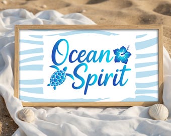 Ocean Spirit Printable Wall Art, Coastal Beach Decor, Sea Turtle & Hibiscus Print, Blue Modern Minimal Poster, Digital Download