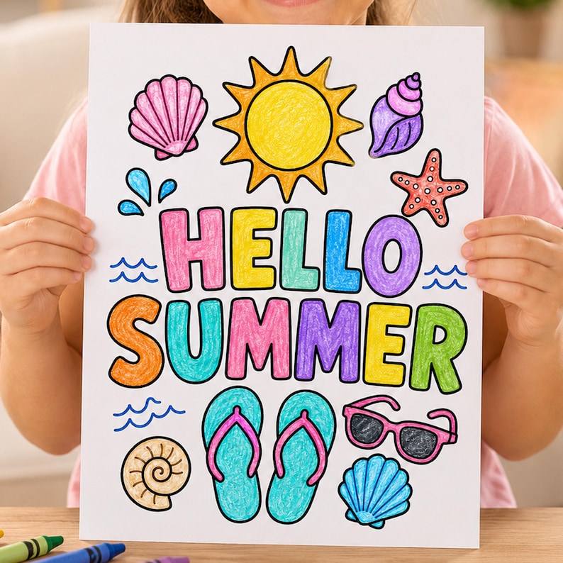 May include: A white coloring page featuring the text HELLO SUMMER in colorful block letters. The design includes a yellow sun, a pink seashell, a purple seashell, a blue seashell, a red starfish, blue water waves, teal flip-flops, and pink sunglasses.