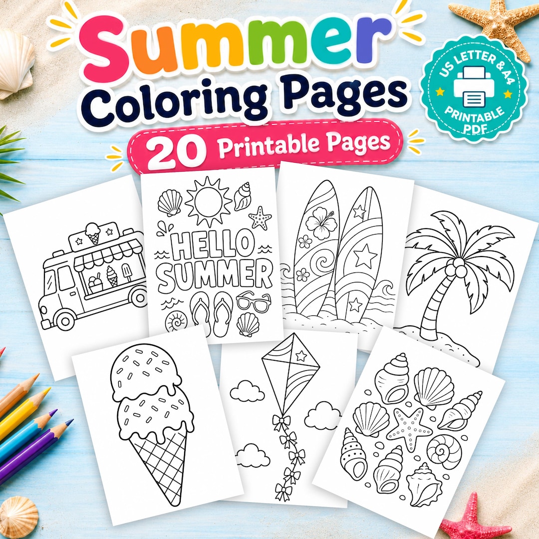 Summer Coloring Pages Printable PDF, 20 Beach Coloring Sheets for Kids, Instant Download, 