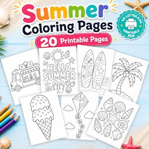 May include: A digital collection of 20 printable summer coloring pages featuring black and white line art illustrations of an ice cream truck, surfboards, a palm tree, a kite, seashells, and the text "Hello Summer" in a US Letter and A4 PDF format.