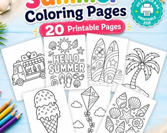 Summer Coloring Pages Printable PDF, 20 Beach Coloring Sheets for Kids, Instant Download, Summer Activity Pages, Kids Summer Coloring