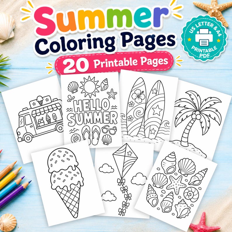 May include: A digital collection of 20 printable summer coloring pages featuring black and white line art illustrations of an ice cream truck, surfboards, a palm tree, a kite, seashells, and the text "Hello Summer" in a US Letter and A4 PDF format.