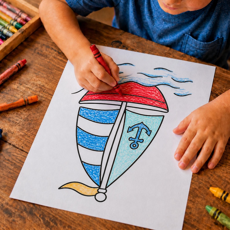May include: A white coloring page featuring a sailboat illustration with a red top, blue striped sail, and a light blue sail section with a blue anchor icon. The drawing includes blue waves at the top and a yellow flag at the bottom of the mast.