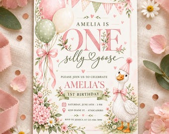 Puede incluir: Una tarjeta de invitación de cumpleaños rectangular con una ilustración en acuarela de un ganso blanco con un gorro de fiesta rosa, globos rosas, detalles florales y banderines. El texto dice: Amelia is one silly goose, Amelia's 1st birthday, Saturday, June 14th, 3 PM, 4239 Diane St., Atascadero, y RSVP to Jessica at 123-456-7890.