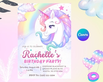 Invitación de cumpleaños de unicornio arcoíris: Plantilla DIY editable