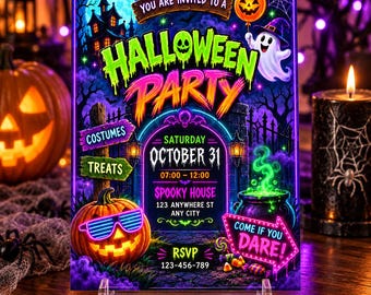 Puede incluir: Un cartel rectangular de invitación a una fiesta de Halloween con texto en verde neón y naranja, un fantasma, una calabaza con gafas azules, un caldero burbujeante y una silueta de casa encantada. El texto dice: YOU ARE INVITED TO A HALLOWEEN PARTY, SATURDAY OCTOBER 31, 07:00 - 12:00, SPOOKY HOUSE, 123 ANYWHERE ST ANY CITY, RSVP 123-456-789, COSTUMES, TREATS y COME IF YOU DARE.