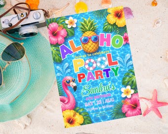 Tropical Pool Party Invitation, Pineapple Flamingo Luau Birthday Evite (Digital Download)
