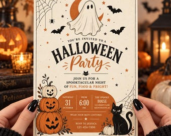 Puede incluir: Una tarjeta de invitación rectangular para una fiesta de Halloween con un fantasma blanco, una luna creciente naranja, murciélagos negros, una telaraña y tres calabazas apiladas. El texto dice: You're invited to a Halloween Party, join us for a spooktacular night of fun, food & fright, Saturday 31 October from 6:00 PM, The Spooky House, 123 Creepy Lane, Hauntington, NY, wear your best costume, RSVP to Jessica 123-456-7890.