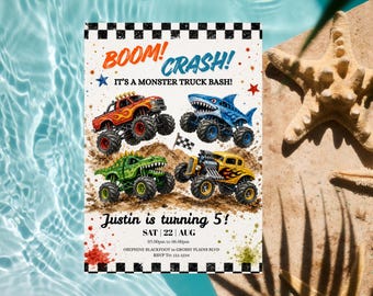 Monster Truck Birthday Invitation, Dinosaur Truck Theme, Editable Canva Party Invite (Digital Download)