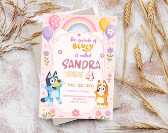 Bluey Birthday Invitation: Pink Rainbow Floral Party Invite (Digital Download)
