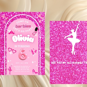 Hot Pink Fashion Barbie doll Birthday Invitation, Glitter fashion doll birthday party Invitation,  Hot Pink Birthday Party Invitation