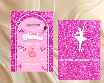 Invitación de cumpleaños de Barbie rosa intenso: Fiesta de muñecas de moda con brillo (descarga digital, 13 x 18 cm)