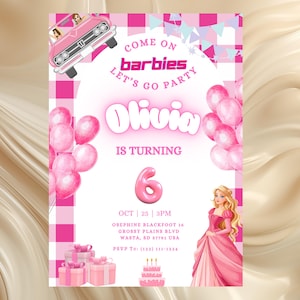 Pink Fashion Barbie doll Birthday Invitation, Glitter fashion doll birthday party Invitation,  Hot Pink Birthday Party Invitation