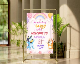 Bluey Birthday Welcome Sign, Pink Rainbow Bluey Party Welcome Poster, Editable Bluey Birthday Sign, Girl 4th Birthday Decor, Canva Template