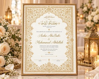 Puede incluir: Un certificado de matrimonio en un marco dorado rectangular con bordes de filigrana dorada sobre un fondo blanco. El texto incluye caligrafía árabe, los nombres Aisha AbuBakr y Muhammad Abdullah, y la frase And We created you in pairs.
