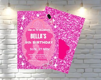 Editable Pink Doll Birthday Invitation, Glitter Princess Party Template (Digital Download)