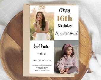 Sweet 16 Photo Collage Invitation, Then and Now Birthday Evite (Digital Download)