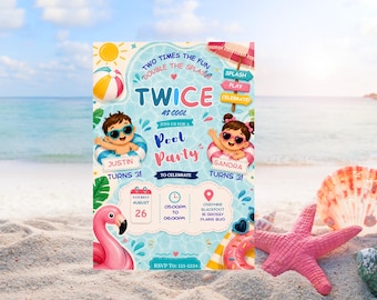 Twins Pool Party Birthday Bundle | Joint Siblings Editable Invitation (Digital Download)