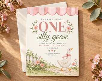 Puede incluir: Una tarjeta de invitación de cumpleaños con un borde superior festoneado de rayas rosas, ilustraciones florales y un ganso blanco con un lazo rosa. El texto dice: Emma is turning one silly goose, please join us to celebrate, Saturday, 22nd July 20xx.