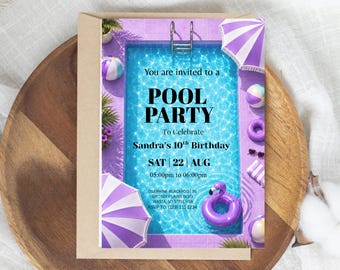 Pool Party Birthday Invitation Template, Editable Summer Swimming Evite (Digital Download)