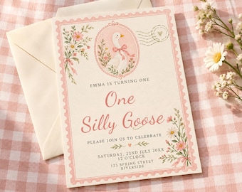 Puede incluir: Una tarjeta de invitación de cumpleaños rectangular con un borde festoneado rosa que recuerda a un sello postal. Presenta una ilustración central de un ganso en un marco ovalado, detalles florales y el texto Emma is turning one, One Silly Goose.