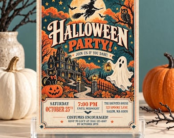 Puede incluir: Una tarjeta de invitación rectangular para una fiesta de Halloween con una casa encantada, una bruja, un fantasma, un gato negro y una calabaza. El texto dice: HALLOWEEN PARTY! JOIN US IF YOU DARE! SATURDAY OCTOBER 25TH 7:00 PM UNTIL MIDNIGHT.