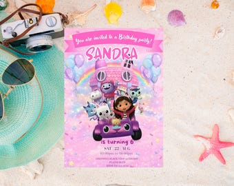 Editable Gabby's Dollhouse Birthday Invitation, Pink Rainbow Party Invite, Gabby Birthday Invitation Template, Girl Birthday Canva Invite