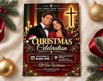 Puede incluir: Un folleto de celebración navideña para Faith Hope Love Church con una pareja sonriente, una cruz y decoración festiva. El texto incluye 24 de diciembre, 6:00 PM, Grace Community Church, 123 Faith Lane, Riverdale, CA 90210 y All Are Welcome.