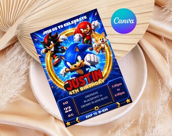 Sonic Invitation, Birthday Party Invite, Sonic The Hedgehog Kids Celebration, Editable Boys Template,  Digital Canva Download
