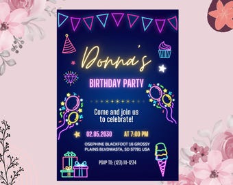Neon Birthday Party Invitation: Glow in the Dark, Editable Canva Template (Digital Download)