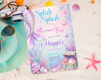 Mermaid Birthday Invitation, Splish Splash Bash, Editable Canva Template (Digital Download)