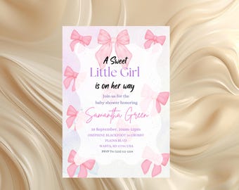 Invitación para baby shower con lazo rosa: Invitación editable para niña (Descarga digital)