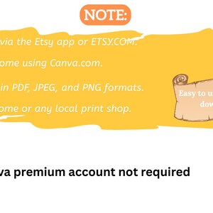 Puede incluir: Imagen con fondo amarillo y blanco, que presenta instrucciones para el uso de un producto digital. El texto incluye "NOTA:" y los pasos para la compra, edici&oacute;n y descarga en formatos PDF, JPEG y PNG. Tambi&eacute;n menciona opciones de impresi&oacute;n y el uso de Canva.