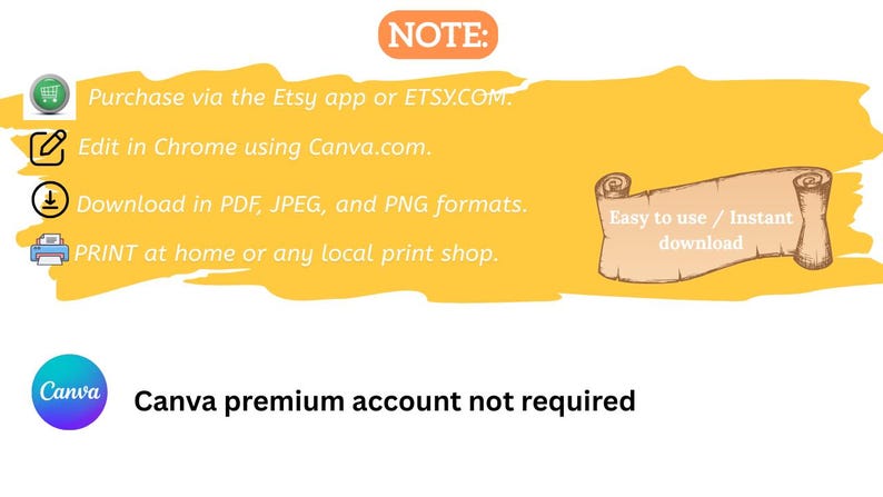 Puede incluir: Imagen con fondo amarillo y blanco, que presenta instrucciones para el uso de un producto digital. El texto incluye "NOTA:" y los pasos para la compra, edici&oacute;n y descarga en formatos PDF, JPEG y PNG. Tambi&eacute;n menciona opciones de impresi&oacute;n y el uso de Canva.