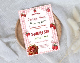 Strawberry Baby Shower Invitation, Berry Sweet Pink Gingham Evite (Digital Download)