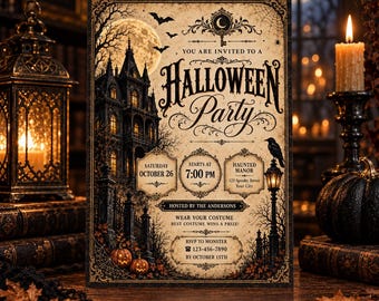 Puede incluir: Una tarjeta de invitación rectangular para una fiesta de Halloween con un diseño de mansión gótica, luna llena, murciélagos y un cuervo. El texto dice: You are invited to a Halloween Party, Saturday October 26, 7:00 PM, Haunted Manor, 123 Spooky Street, Your City, Hosted by the Andersons, Wear your costume, RSVP to Monster 123-456-7890 by October 15th.