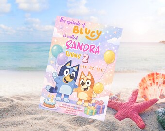 Bluey Birthday Invitation, Pastel Rainbow, Blue Puppy Party Invite (Digital Download)
