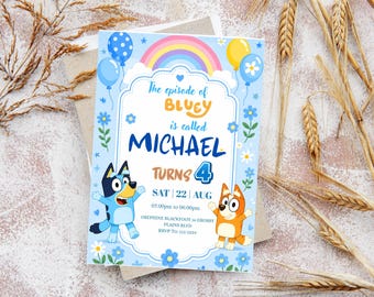 Bluey Birthday Invitation, Editable Rainbow Party Invite (Digital Download)