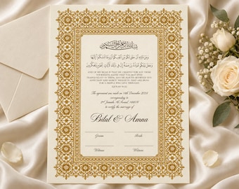 Puede incluir: Un certificado de matrimonio rectangular con un intrincado borde geométrico dorado sobre un fondo crema. El texto incluye caligrafía árabe, versículos del Corán en inglés, los nombres Bilal y Amna, y líneas para las firmas de los testigos.