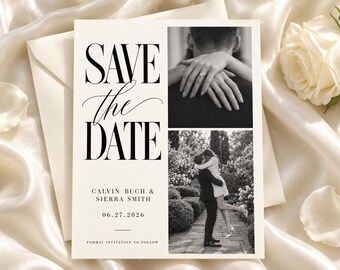 Puede incluir: Una tarjeta Save the Date rectangular con texto negro sobre fondo crema. El lado izquierdo muestra las palabras SAVE the DATE, los nombres Calvin Buch & Sierra Smith y la fecha 06.27.2026. El lado derecho muestra dos fotos en blanco y negro.