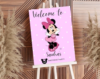 Minnie Mouse Birthday Welcome Sign, Pink Polka Dot Party Poster, Editable Canva Template