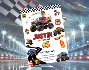 Custom Monster Truck Birthday Invitation, Photo Racing Party Invite, Editable Canva Template Download