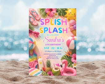 Pool Party Birthday Invitation, Tropical Flamingo Summer Evite (Digital Download)