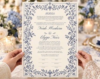 Puede incluir: Un contrato matrimonial islámico rectangular sobre papel crema con un borde floral azul oscuro. El texto incluye los nombres Noah Ibrahim y Elyza Noor, junto con versos religiosos tradicionales y líneas en blanco para firmas.