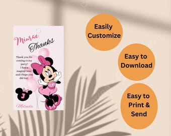 Minnie Mouse 3rd Birthday Thank You Card, Watercolor Party Favor Tag (Digital Download)