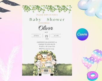 Woodland Animals Baby Shower Invitation: Editable Canva Template (Digital Download)