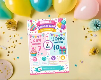 Joint Birthday Invitation: Editable Canva Template for Siblings, Twins (Digital Download)