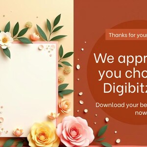 Puede incluir: Un dise&ntilde;o digital con un arreglo floral de rosas rosas, blancas y amarillas, hojas verdes y peque&ntilde;as flores blancas. El dise&ntilde;o incluye un rect&aacute;ngulo blanco en blanco y el texto: "&iexcl;Gracias por tu compra! &iexcl;Agradecemos que hayas elegido Digibitz360! Descarga tu hermoso dise&ntilde;o ahora."
